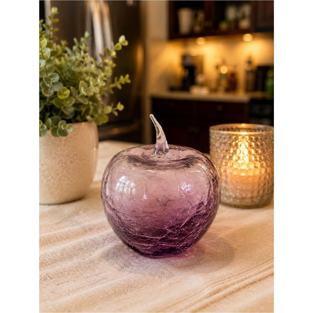 Vintage Amethyst Purple Crackle Glass Apple | Hand Blown Studio Art Glass